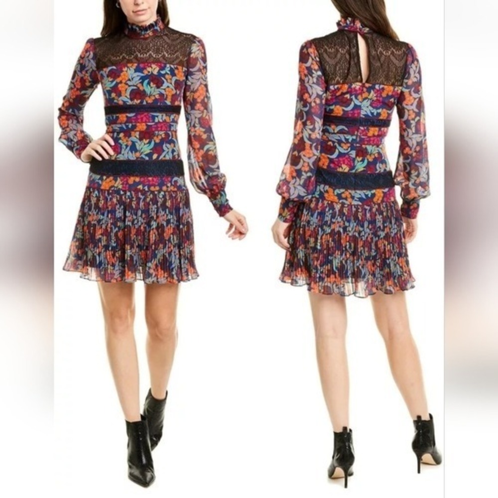 Saloni Dina Tropical Lace Panel‎ Silk Ruffle Floral Mini Dress Size 6 - Picture 11 of 12